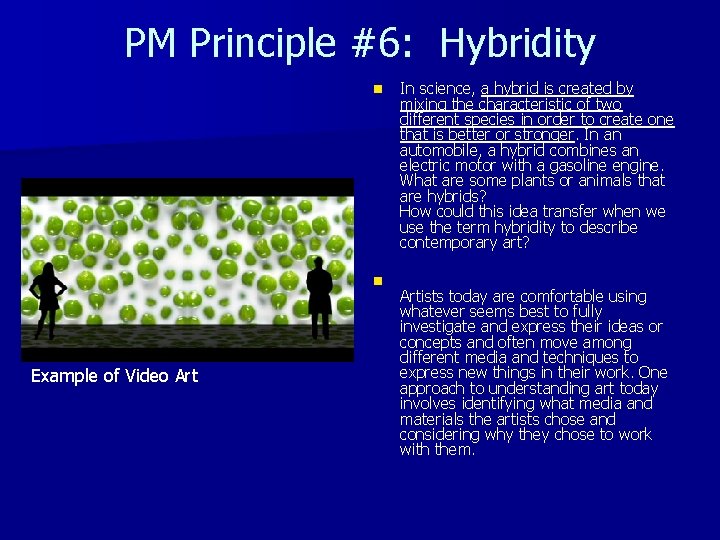 PM Principle #6: Hybridity n n Example of Video Art In science, a hybrid