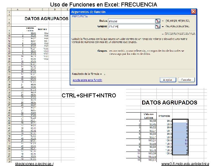 Uso de Funciones en Excel: FRECUENCIA CTRL+SHIFT+INTRO Mediciones Eléctricas I www 3. fi. mdp.