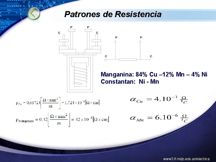 Patrones de Resistencia Manganina: 84% Cu – 12% Mn – 4% Ni Constantan: Ni