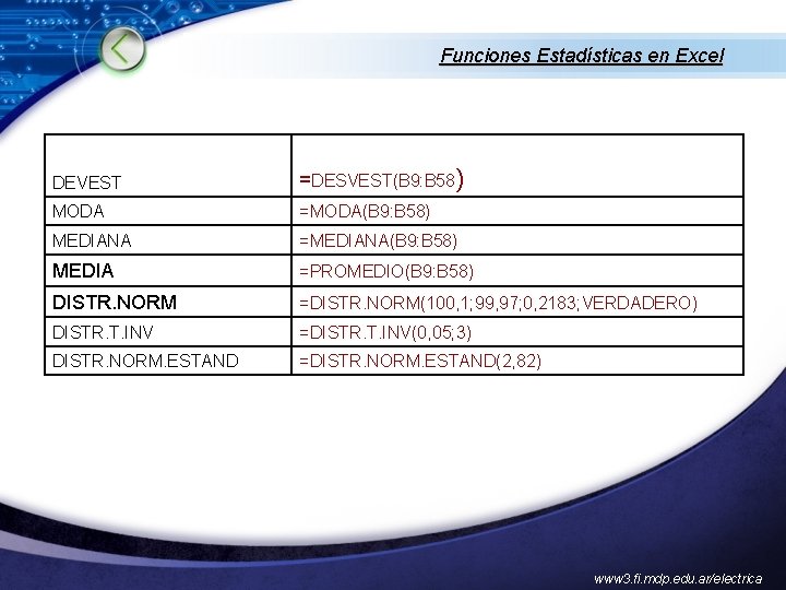 Funciones Estadísticas en Excel DEVEST =DESVEST(B 9: B 58) MODA =MODA(B 9: B 58)