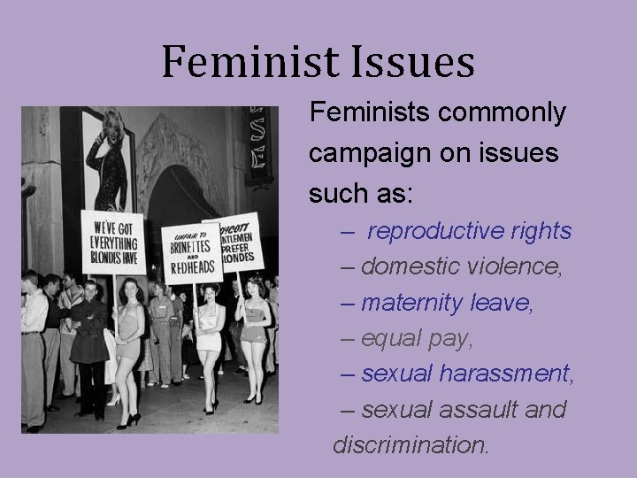 Feminist Issues Feminists commonly campaign on issues such as: – reproductive rights – domestic