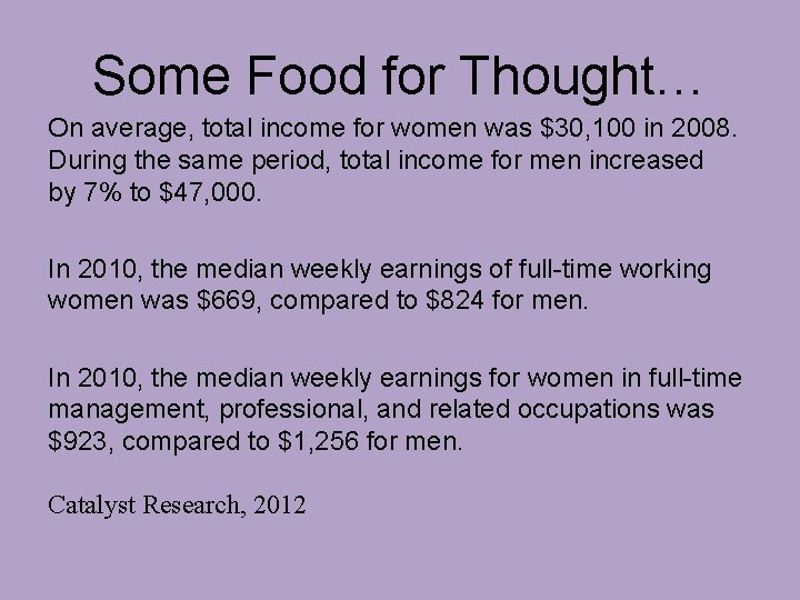 Some Food for Thought… On average, total income for women was $30, 100 in