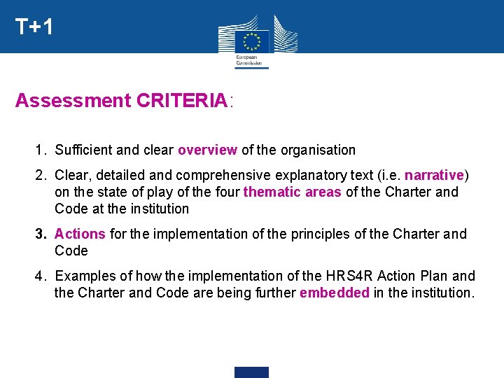 T+1 Assessment CRITERIA: 1. Sufficient and clear overview of the organisation 2. Clear, detailed