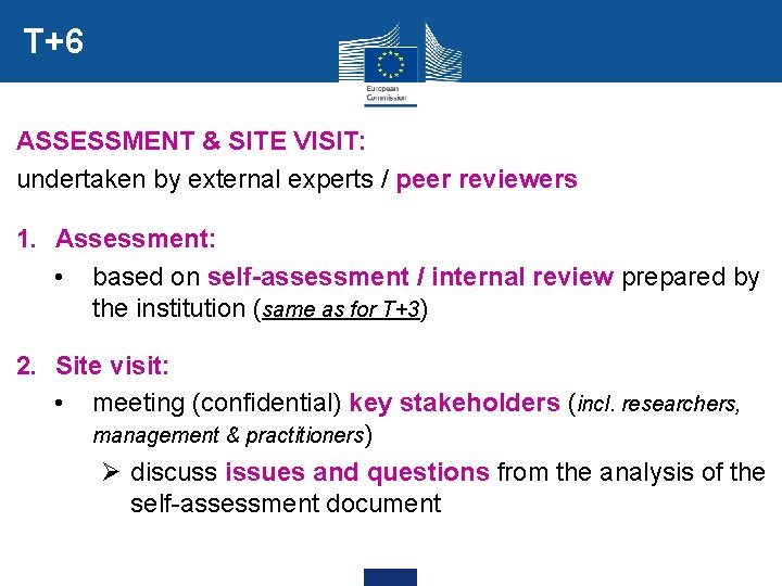 T+6 ASSESSMENT & SITE VISIT: undertaken by external experts / peer reviewers 1. Assessment: