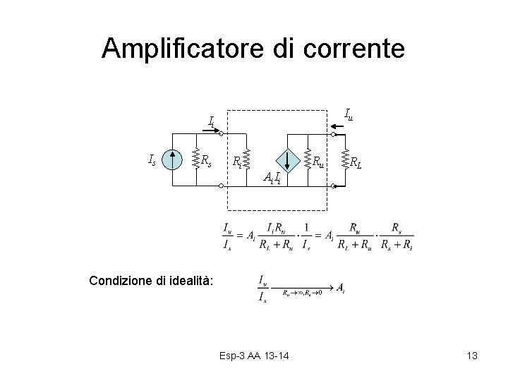 Amplificatore di corrente Iu Ii Is Rs Ri Ai. Ii Ru RL Condizione di