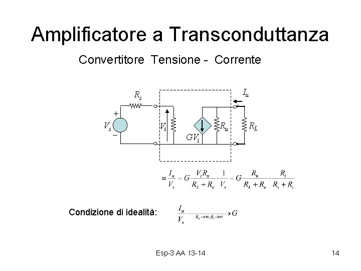 Amplificatore a Transconduttanza Convertitore Tensione - Corrente Iu Rs + Vs Vi - GVi