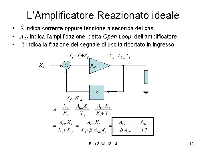 L’Amplificatore Reazionato ideale • X indica corrente oppure tensione a seconda dei casi •