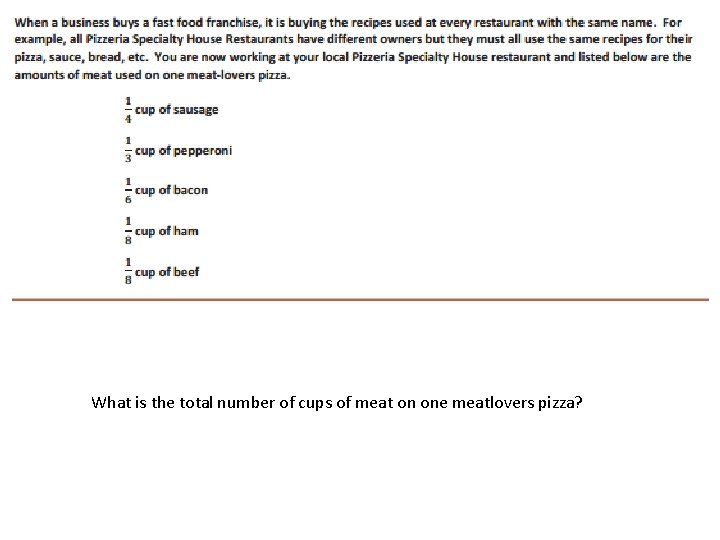 What is the total number of cups of meat on one meatlovers pizza? 