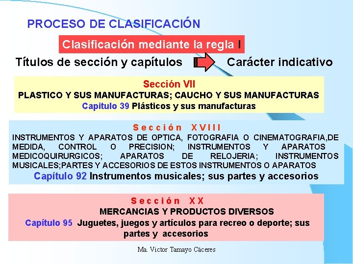 PROCESO DE CLASIFICACIÓN Clasificación mediante la regla I Títulos de sección y capítulos Carácter PROCESO DE CLASIFICACIÓN Clasificación mediante la regla I Títulos de sección y capítulos Carácter