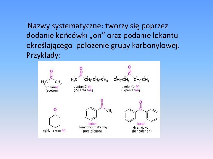  Nazwy systematyczne: tworzy się poprzez dodanie końcówki „on” oraz podanie lokantu określającego położenie