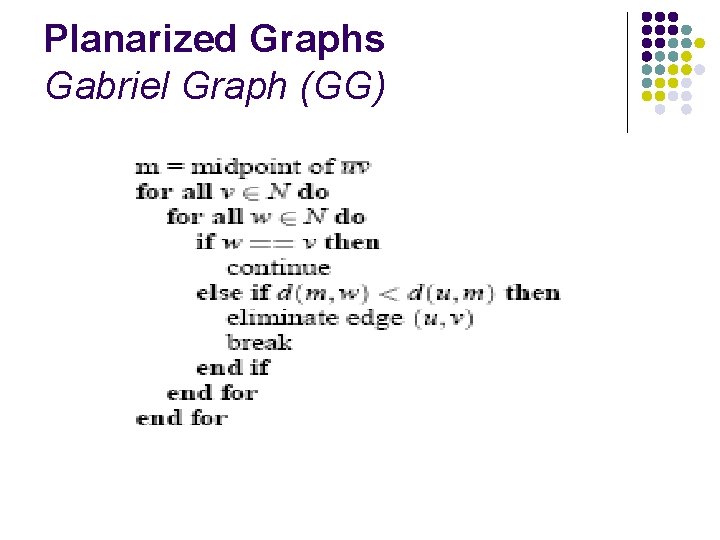 Planarized Graphs Gabriel Graph (GG) 