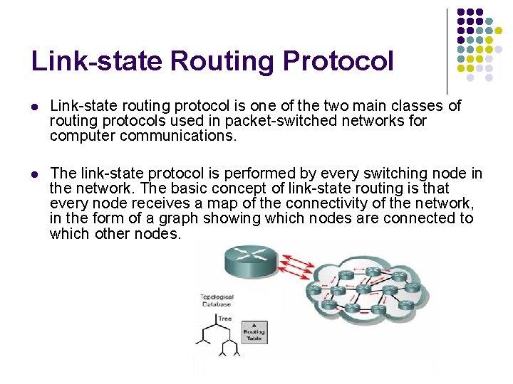Link-state Routing Protocol l Link-state routing protocol is one of the two main classes