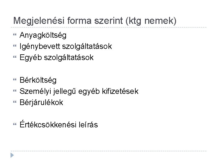 Megjelenési forma szerint (ktg nemek) Anyagköltség Igénybevett szolgáltatások Egyéb szolgáltatások Bérköltség Személyi jellegű egyéb