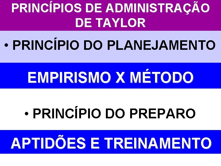 PRINCÍPIOS DE ADMINISTRAÇÃO DE TAYLOR • PRINCÍPIO DO PLANEJAMENTO EMPIRISMO X MÉTODO • PRINCÍPIO PRINCÍPIOS DE ADMINISTRAÇÃO DE TAYLOR • PRINCÍPIO DO PLANEJAMENTO EMPIRISMO X MÉTODO • PRINCÍPIO