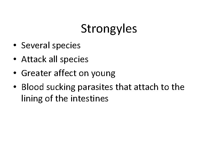 Strongyles • • Several species Attack all species Greater affect on young Blood sucking