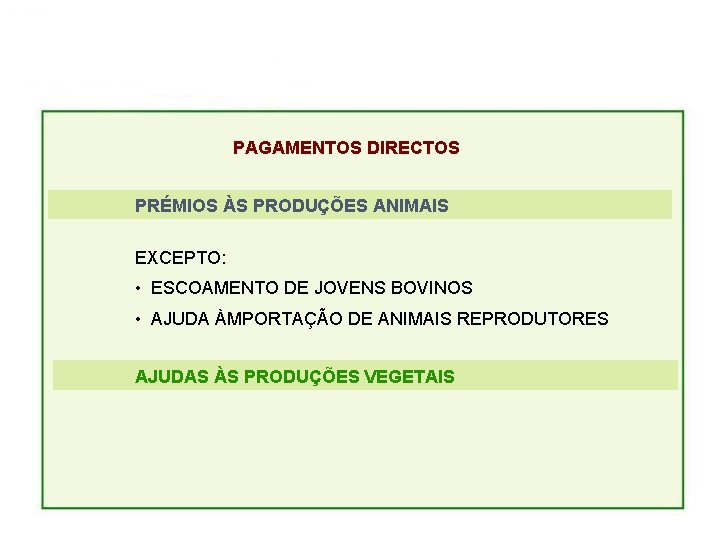 PAGAMENTOS DIRECTOS PRÉMIOS ÀS PRODUÇÕES ANIMAIS EXCEPTO: • ESCOAMENTO DE JOVENS BOVINOS • AJUDA