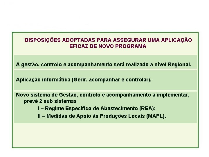 DISPOSIÇÕES ADOPTADAS PARA ASSEGURAR UMA APLICAÇÃO EFICAZ DE NOVO PROGRAMA A gestão, controlo e