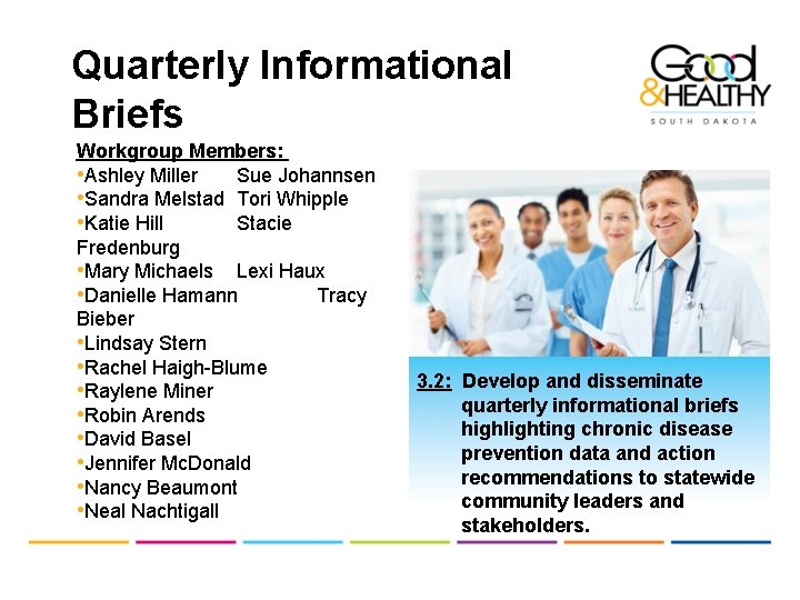 Quarterly Informational Briefs Workgroup Members: • Ashley Miller Sue Johannsen • Sandra Melstad Tori