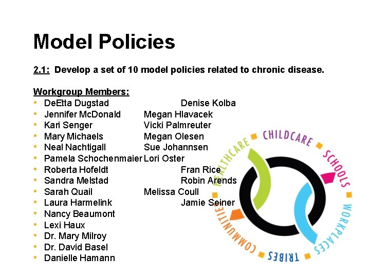 Model Policies 2. 1: Develop a set of 10 model policies related to chronic