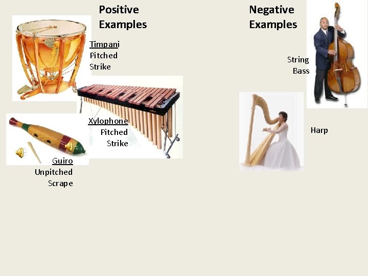 Positive Examples Timpani Pitched Strike Xylophone Pitched Strike Guiro Unpitched Scrape Negative Examples String