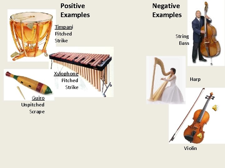 Positive Examples Timpani Pitched Strike Xylophone Pitched Strike Negative Examples String Bass Harp Guiro