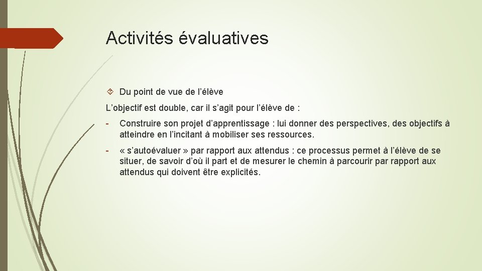 Activités évaluatives Du point de vue de l’élève L’objectif est double, car il s’agit