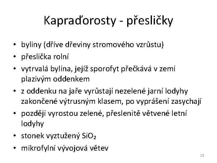 Kapraďorosty - přesličky • byliny (dříve dřeviny stromového vzrůstu) • přeslička rolní • vytrvalá Kapraďorosty - přesličky • byliny (dříve dřeviny stromového vzrůstu) • přeslička rolní • vytrvalá