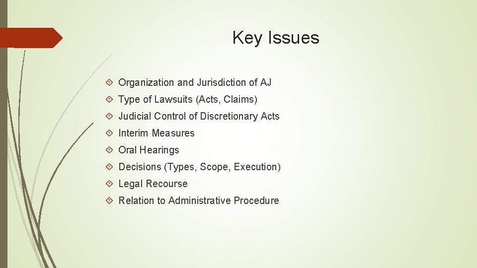 Key Issues Organization and Jurisdiction of AJ Type of Lawsuits (Acts, Claims) Judicial Control