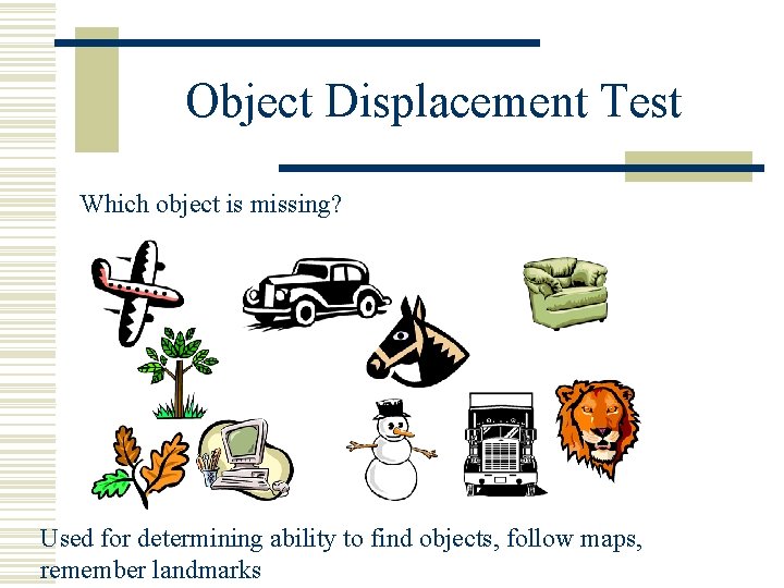 Object Displacement Test Which object is missing? Used for determining ability to find objects,