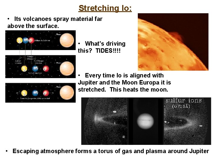 Stretching Io: • Its volcanoes spray material far above the surface. • What’s driving