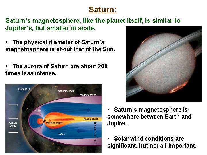 Saturn: Saturn’s magnetosphere, like the planet itself, is similar to Jupiter’s, but smaller in