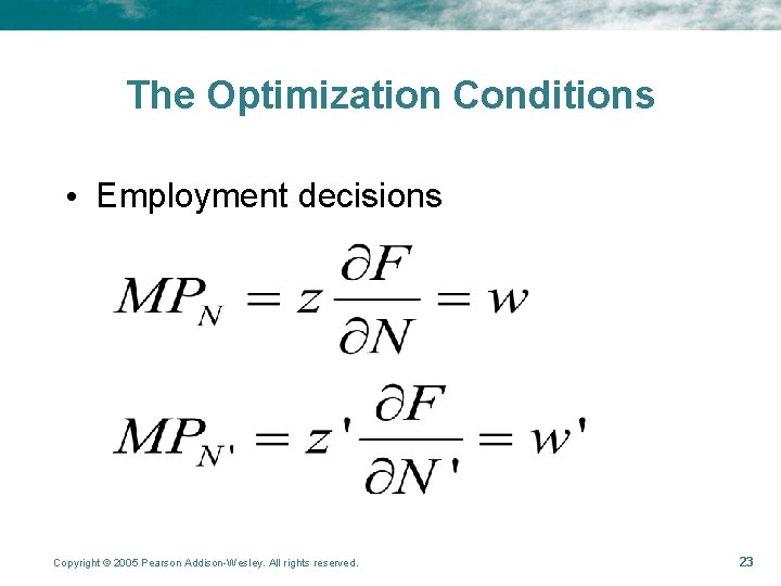 The Optimization Conditions • Employment decisions Copyright © 2005 Pearson Addison-Wesley. All rights reserved.