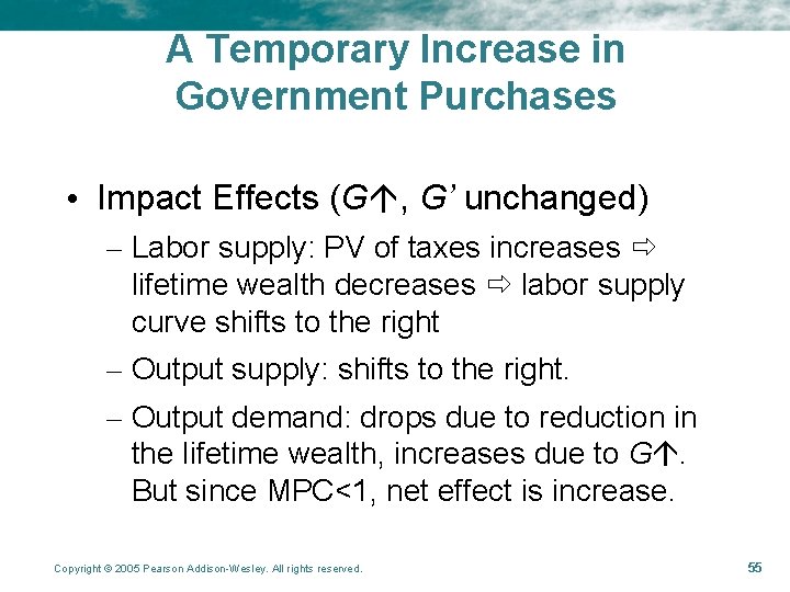 A Temporary Increase in Government Purchases • Impact Effects (G , G’ unchanged) –