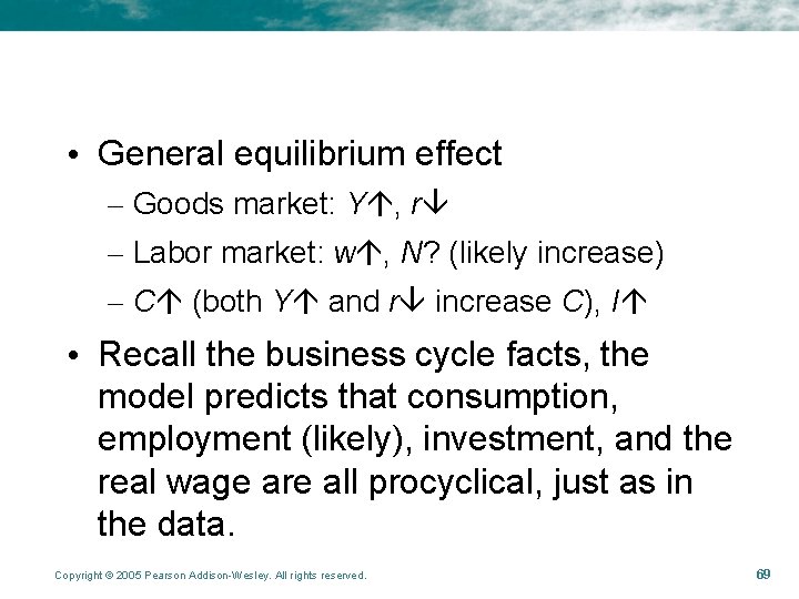  • General equilibrium effect – Goods market: Y , r – Labor market: