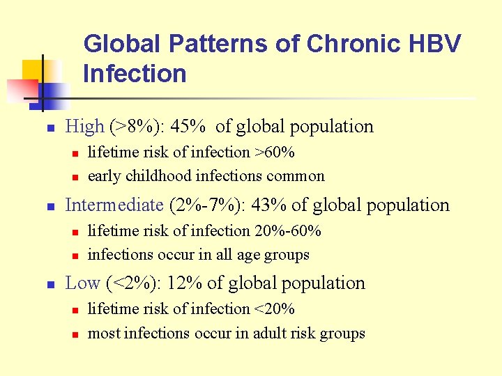 Global Patterns of Chronic HBV Infection n High (>8%): 45% of global population n