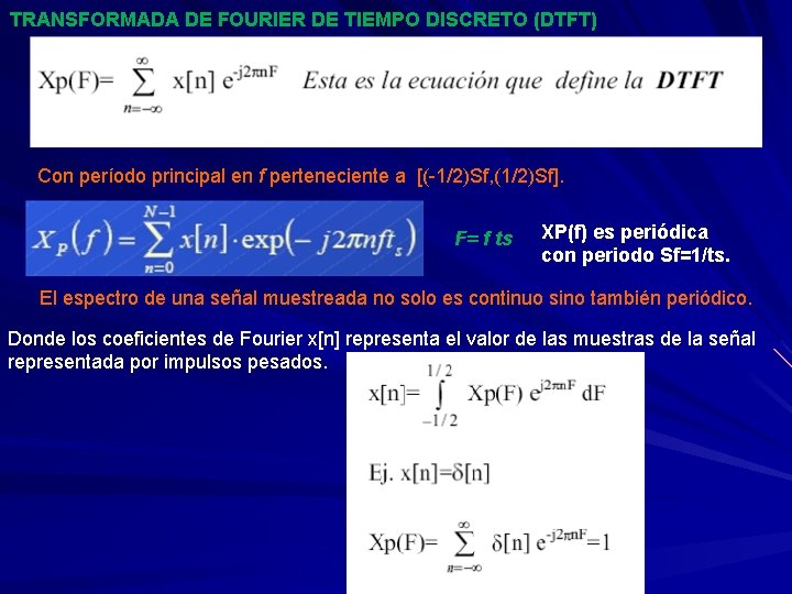 TRANSFORMADA DE FOURIER DE TIEMPO DISCRETO (DTFT) Con período principal en f perteneciente a