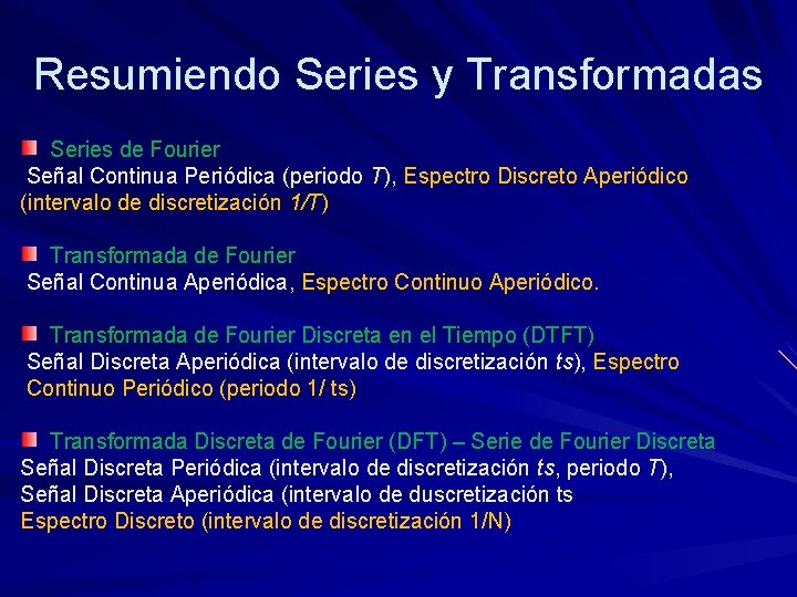 Resumiendo Series y Transformadas Series de Fourier Señal Continua Periódica (periodo T), Espectro Discreto