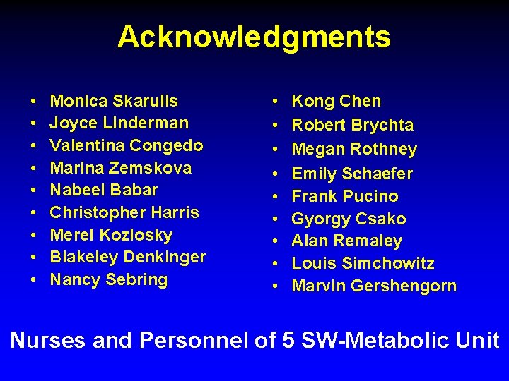 Acknowledgments • • • Monica Skarulis Joyce Linderman Valentina Congedo Marina Zemskova Nabeel Babar