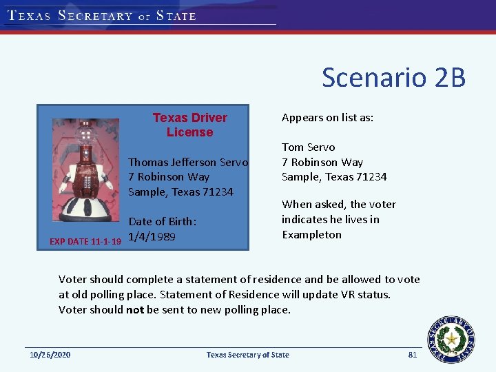 Scenario 2 B Texas Driver License Thomas Jefferson Servo 7 Robinson Way Sample, Texas