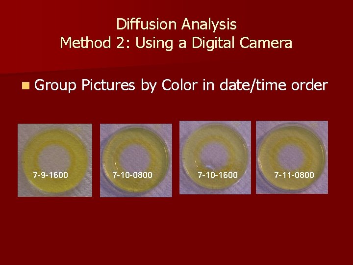 Diffusion Analysis Method 2: Using a Digital Camera n Group 7 -9 -1600 Pictures