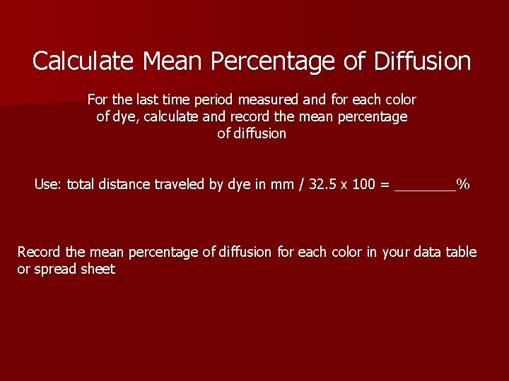 Calculate Mean Percentage of Diffusion For the last time period measured and for each