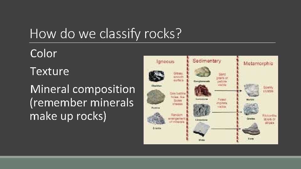 How do we classify rocks? Color Texture Mineral composition (remember minerals make up rocks)