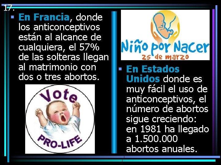 17. § En Francia, donde los anticonceptivos están al alcance de cualquiera, el 57%