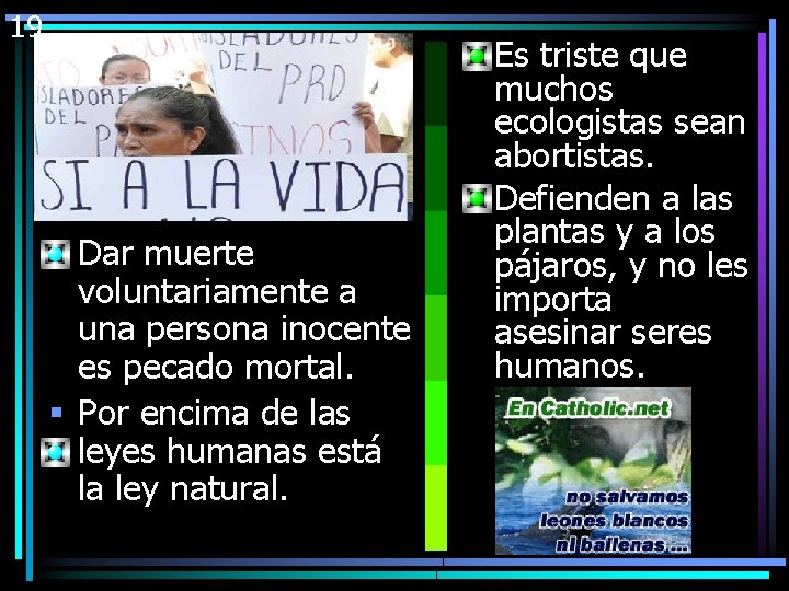 19. § Dar muerte voluntariamente a una persona inocente es pecado mortal. § Por