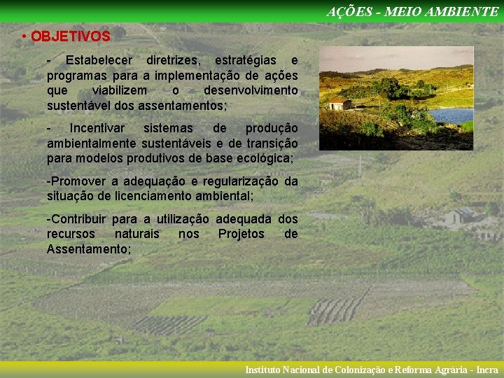 AÇÕES - MEIO AMBIENTE • OBJETIVOS - Estabelecer diretrizes, estratégias e programas para a