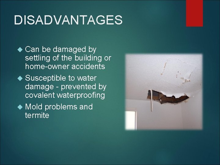 DISADVANTAGES Can be damaged by settling of the building or home-owner accidents Susceptible to