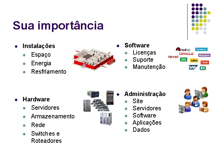 Sua importância l l Instalações l Espaço l Energia l Resfriamento Hardware l Servidores