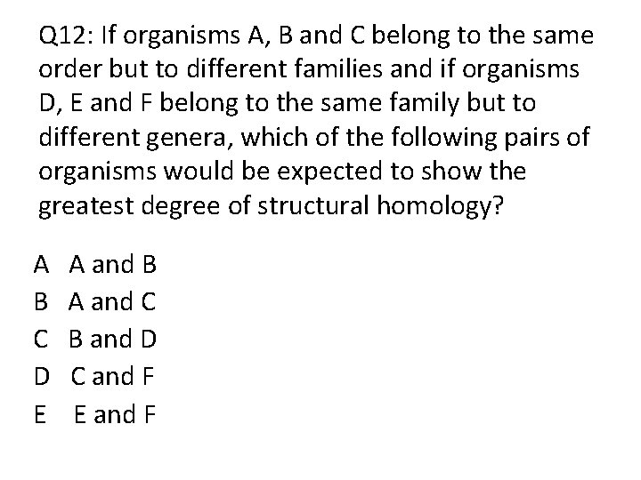 Q 12: If organisms A, B and C belong to the same order but