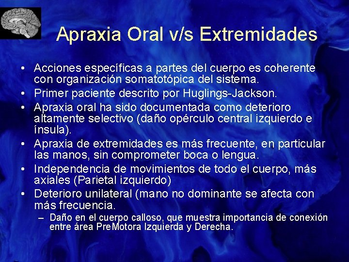 Apraxia Oral v/s Extremidades • Acciones específicas a partes del cuerpo es coherente con