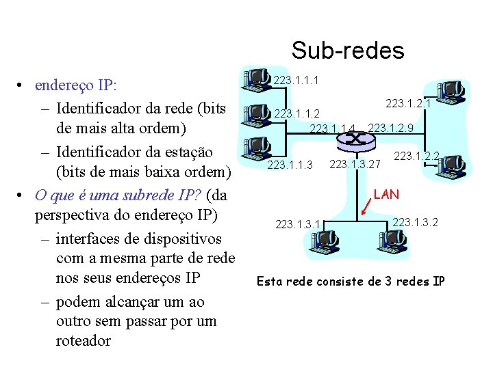 Sub-redes • endereço IP: – Identificador da rede (bits de mais alta ordem) –